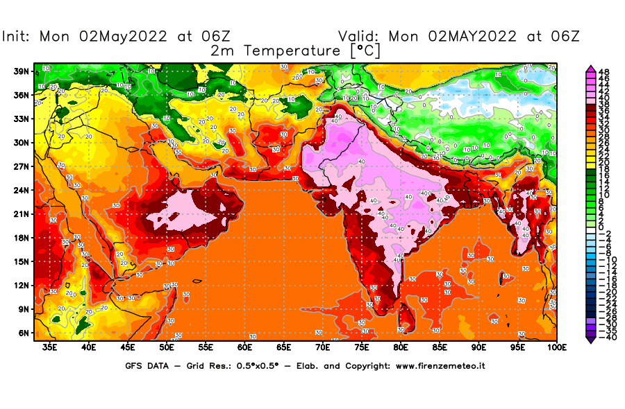 Mappa di analisi GFS - Temperatura a 2 metri dal suolo [°C] in Asia Sud-Occidentale
									del 02/05/2022 06 <!--googleoff: index-->UTC<!--googleon: index-->