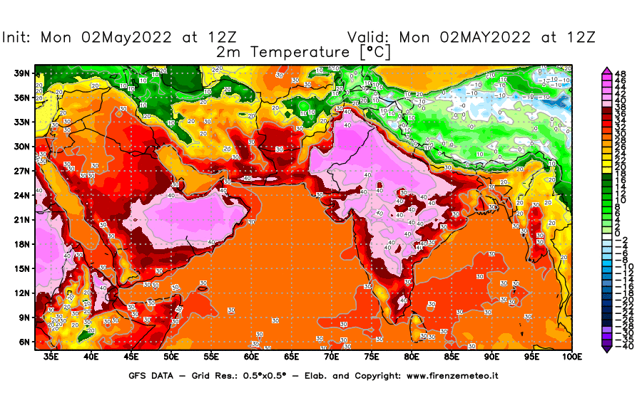 Mappa di analisi GFS - Temperatura a 2 metri dal suolo [°C] in Asia Sud-Occidentale
									del 02/05/2022 12 <!--googleoff: index-->UTC<!--googleon: index-->