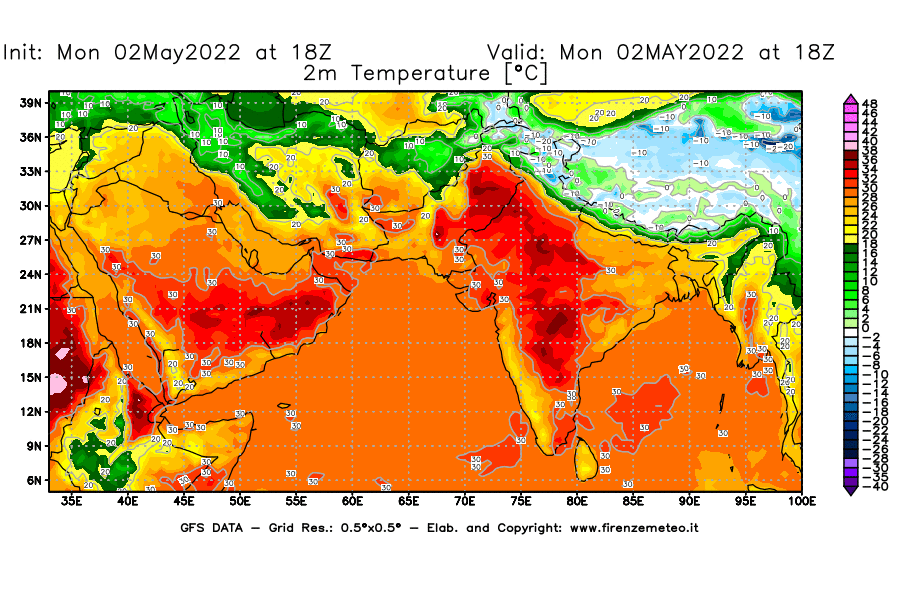 Mappa di analisi GFS - Temperatura a 2 metri dal suolo [°C] in Asia Sud-Occidentale
									del 02/05/2022 18 <!--googleoff: index-->UTC<!--googleon: index-->