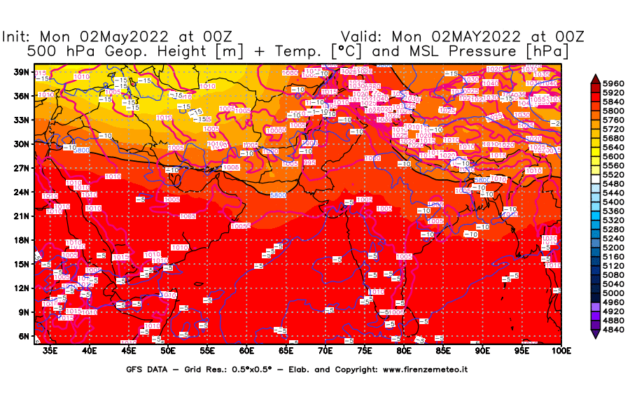 Mappa di analisi GFS - Geopotenziale [m] + Temp. [°C] a 500 hPa + Press. a livello del mare [hPa] in Asia Sud-Occidentale
									del 02/05/2022 00 <!--googleoff: index-->UTC<!--googleon: index-->