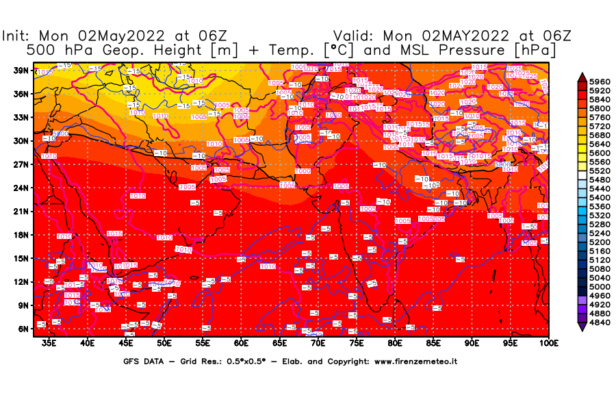 Mappa di analisi GFS - Geopotenziale [m] + Temp. [°C] a 500 hPa + Press. a livello del mare [hPa] in Asia Sud-Occidentale
									del 02/05/2022 06 <!--googleoff: index-->UTC<!--googleon: index-->