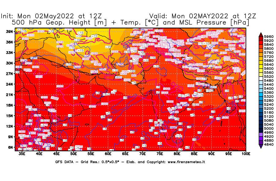 Mappa di analisi GFS - Geopotenziale [m] + Temp. [°C] a 500 hPa + Press. a livello del mare [hPa] in Asia Sud-Occidentale
									del 02/05/2022 12 <!--googleoff: index-->UTC<!--googleon: index-->
