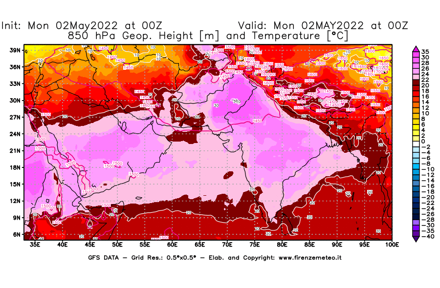Mappa di analisi GFS - Geopotenziale [m] e Temperatura [°C] a 850 hPa in Asia Sud-Occidentale
									del 02/05/2022 00 <!--googleoff: index-->UTC<!--googleon: index-->