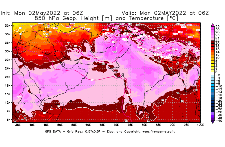 Mappa di analisi GFS - Geopotenziale [m] e Temperatura [°C] a 850 hPa in Asia Sud-Occidentale
									del 02/05/2022 06 <!--googleoff: index-->UTC<!--googleon: index-->