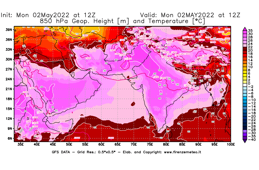 Mappa di analisi GFS - Geopotenziale [m] e Temperatura [°C] a 850 hPa in Asia Sud-Occidentale
									del 02/05/2022 12 <!--googleoff: index-->UTC<!--googleon: index-->