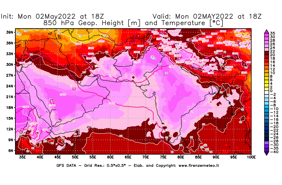 Mappa di analisi GFS - Geopotenziale [m] e Temperatura [°C] a 850 hPa in Asia Sud-Occidentale
									del 02/05/2022 18 <!--googleoff: index-->UTC<!--googleon: index-->