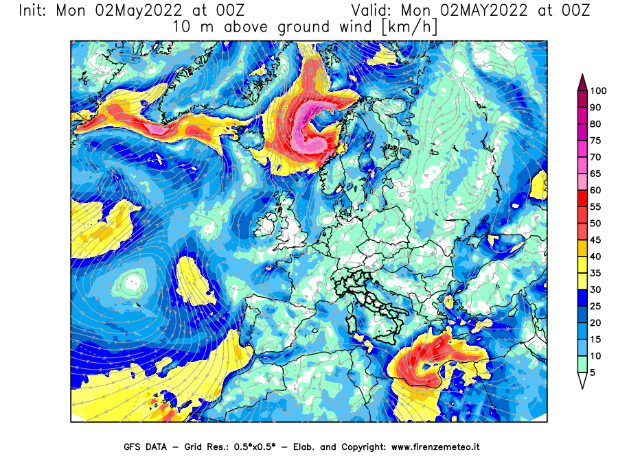 Mappa di analisi GFS - Velocità del vento a 10 metri dal suolo [km/h] in Europa
									del 02/05/2022 00 <!--googleoff: index-->UTC<!--googleon: index-->