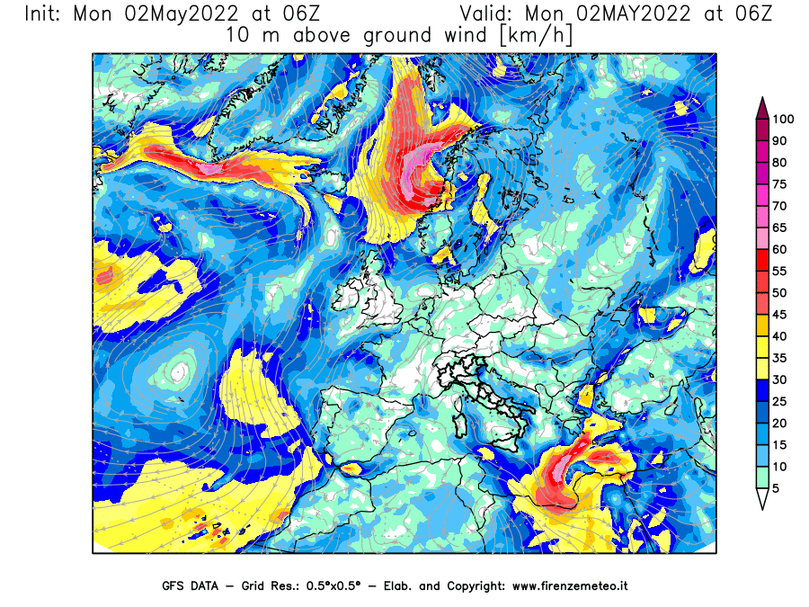 Mappa di analisi GFS - Velocità del vento a 10 metri dal suolo [km/h] in Europa
									del 02/05/2022 06 <!--googleoff: index-->UTC<!--googleon: index-->