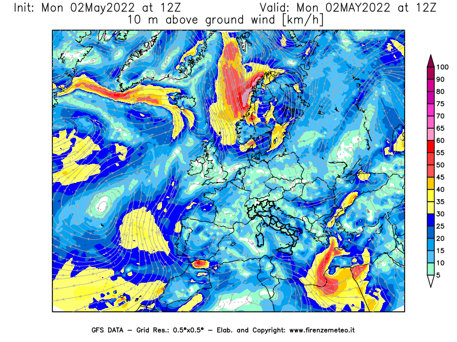 Mappa di analisi GFS - Velocità del vento a 10 metri dal suolo [km/h] in Europa
									del 02/05/2022 12 <!--googleoff: index-->UTC<!--googleon: index-->