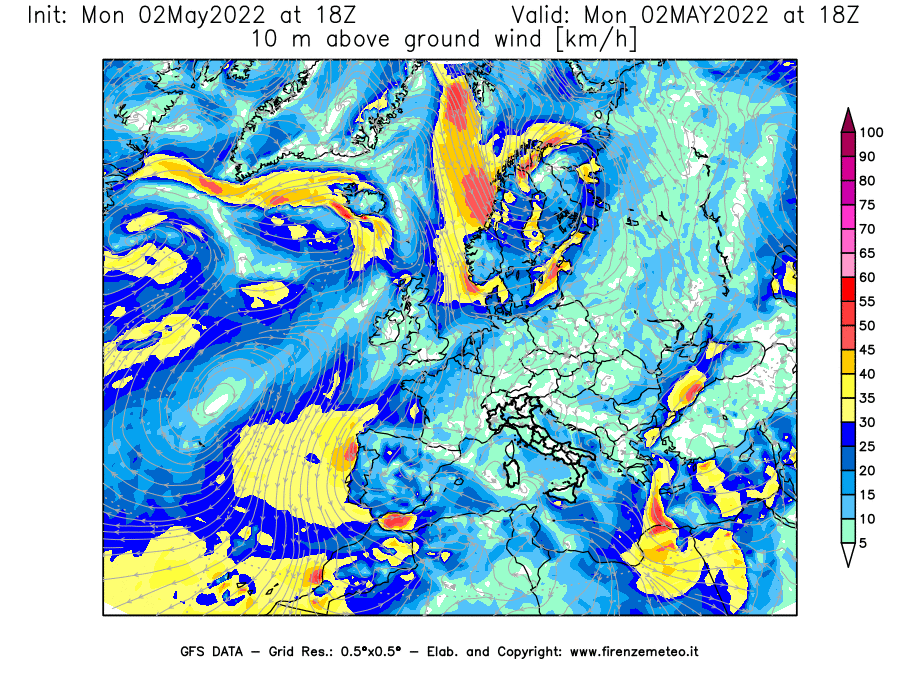 Mappa di analisi GFS - Velocità del vento a 10 metri dal suolo [km/h] in Europa
									del 02/05/2022 18 <!--googleoff: index-->UTC<!--googleon: index-->