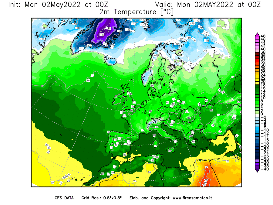 Mappa di analisi GFS - Temperatura a 2 metri dal suolo [°C] in Europa
									del 02/05/2022 00 <!--googleoff: index-->UTC<!--googleon: index-->