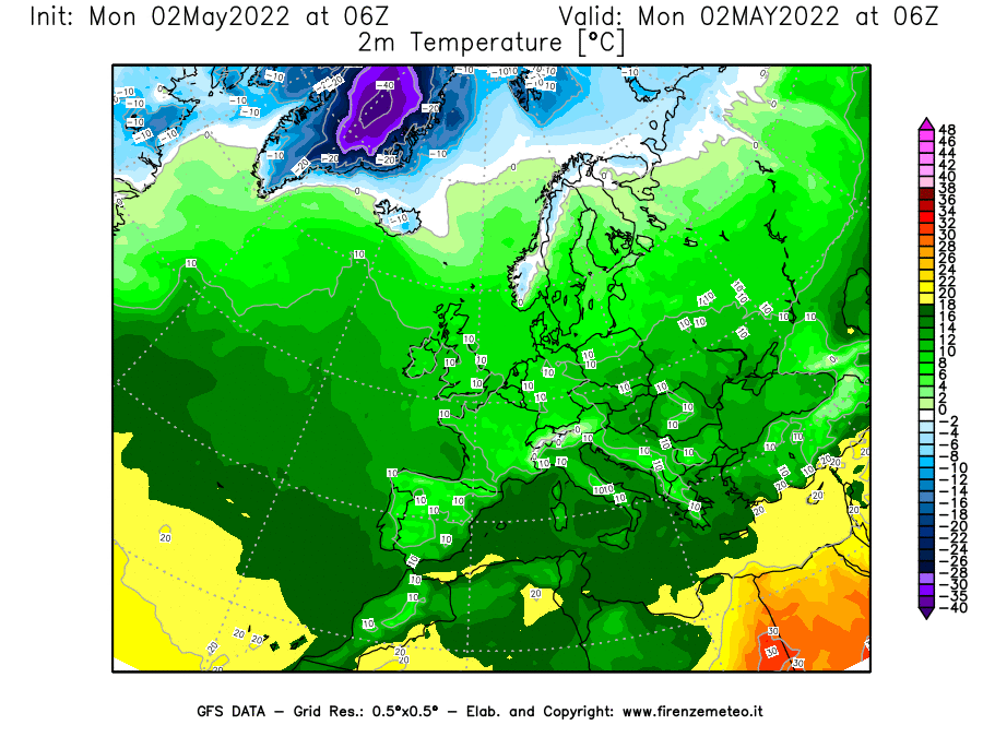 Mappa di analisi GFS - Temperatura a 2 metri dal suolo [°C] in Europa
									del 02/05/2022 06 <!--googleoff: index-->UTC<!--googleon: index-->