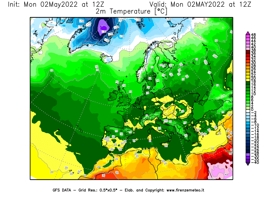 Mappa di analisi GFS - Temperatura a 2 metri dal suolo [°C] in Europa
									del 02/05/2022 12 <!--googleoff: index-->UTC<!--googleon: index-->