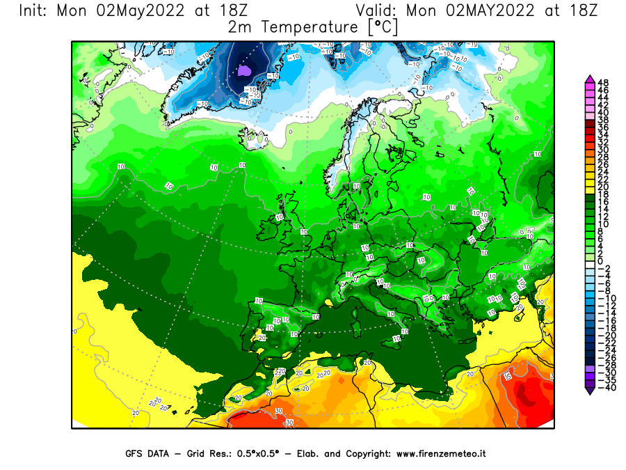 Mappa di analisi GFS - Temperatura a 2 metri dal suolo [°C] in Europa
									del 02/05/2022 18 <!--googleoff: index-->UTC<!--googleon: index-->