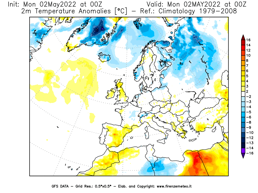 Mappa di analisi GFS - Anomalia Temperatura [°C] a 2 m in Europa
									del 02/05/2022 00 <!--googleoff: index-->UTC<!--googleon: index-->