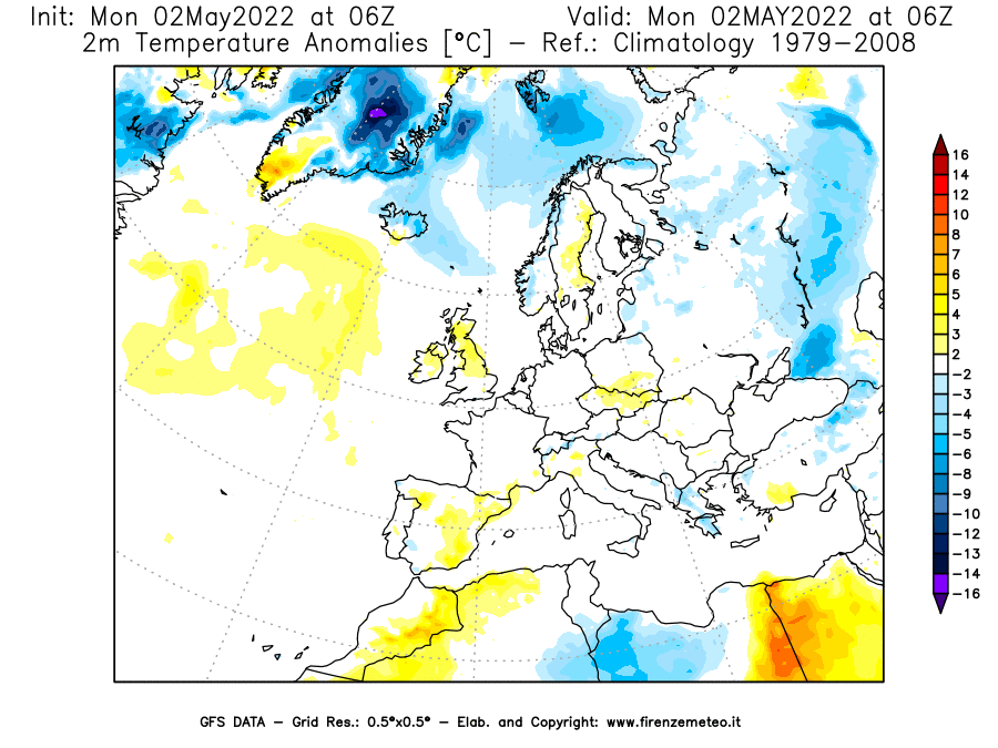 Mappa di analisi GFS - Anomalia Temperatura [°C] a 2 m in Europa
									del 02/05/2022 06 <!--googleoff: index-->UTC<!--googleon: index-->