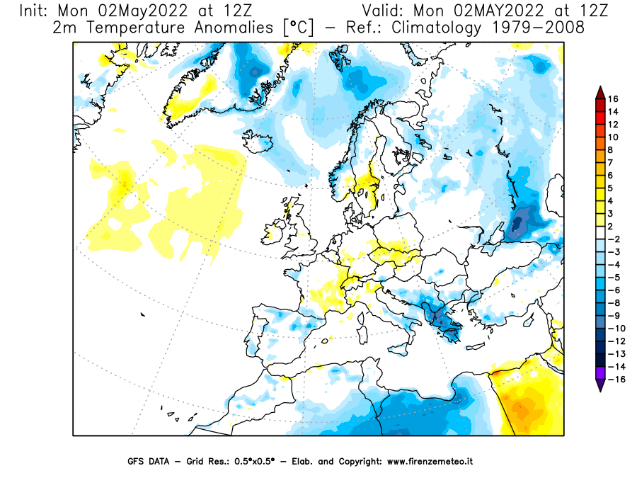 Mappa di analisi GFS - Anomalia Temperatura [°C] a 2 m in Europa
									del 02/05/2022 12 <!--googleoff: index-->UTC<!--googleon: index-->