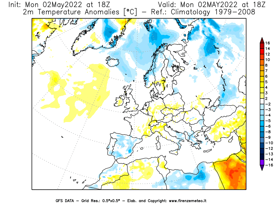 Mappa di analisi GFS - Anomalia Temperatura [°C] a 2 m in Europa
									del 02/05/2022 18 <!--googleoff: index-->UTC<!--googleon: index-->
