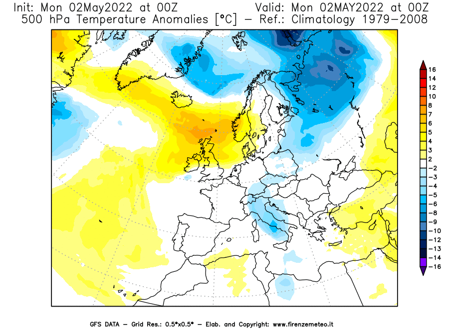 Mappa di analisi GFS - Anomalia Temperatura [°C] a 500 hPa in Europa
									del 02/05/2022 00 <!--googleoff: index-->UTC<!--googleon: index-->