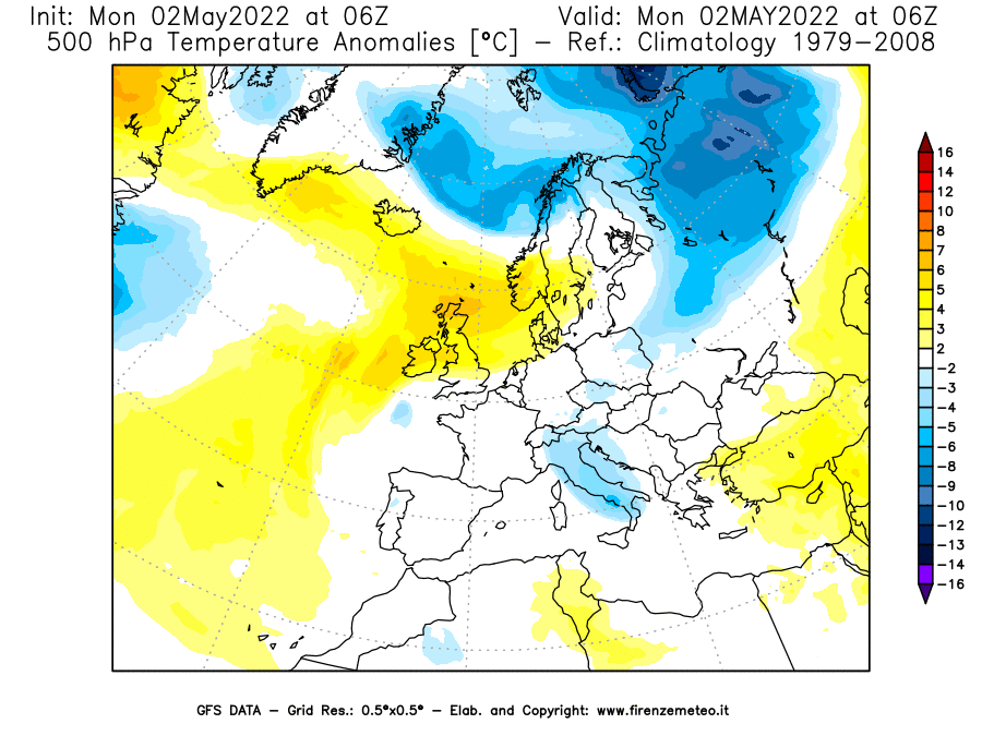 Mappa di analisi GFS - Anomalia Temperatura [°C] a 500 hPa in Europa
									del 02/05/2022 06 <!--googleoff: index-->UTC<!--googleon: index-->