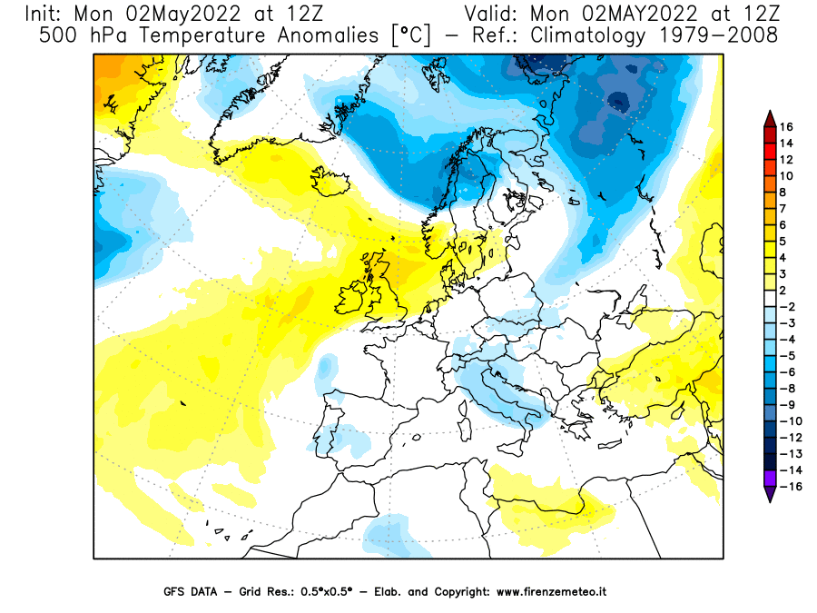 Mappa di analisi GFS - Anomalia Temperatura [°C] a 500 hPa in Europa
									del 02/05/2022 12 <!--googleoff: index-->UTC<!--googleon: index-->
