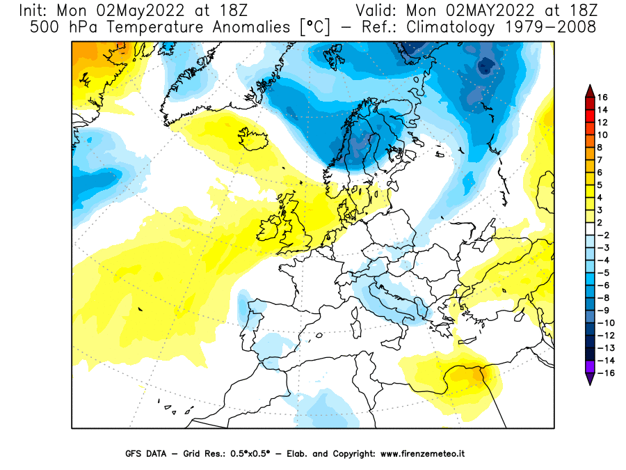 Mappa di analisi GFS - Anomalia Temperatura [°C] a 500 hPa in Europa
									del 02/05/2022 18 <!--googleoff: index-->UTC<!--googleon: index-->