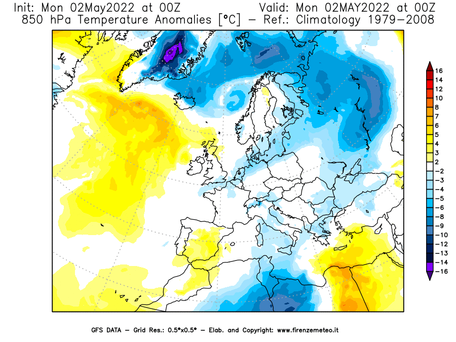 Mappa di analisi GFS - Anomalia Temperatura [°C] a 850 hPa in Europa
									del 02/05/2022 00 <!--googleoff: index-->UTC<!--googleon: index-->