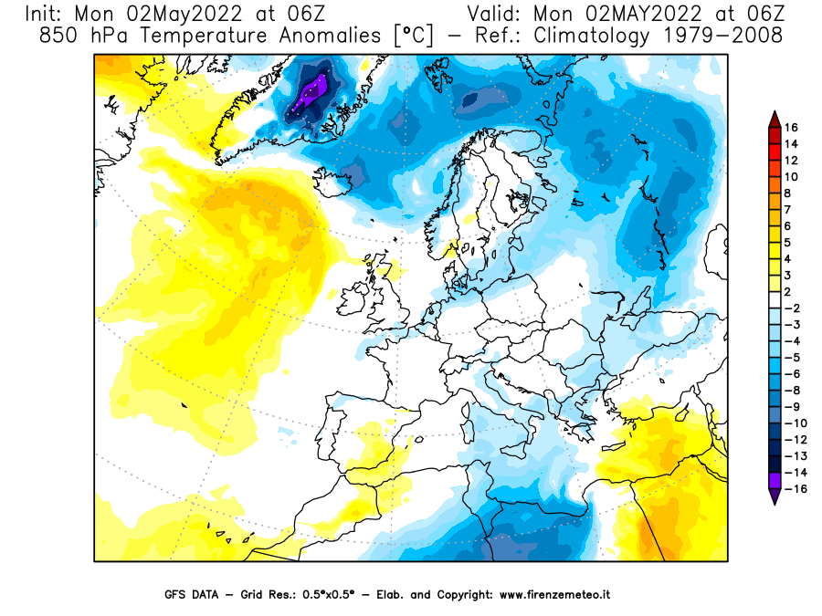 Mappa di analisi GFS - Anomalia Temperatura [°C] a 850 hPa in Europa
									del 02/05/2022 06 <!--googleoff: index-->UTC<!--googleon: index-->