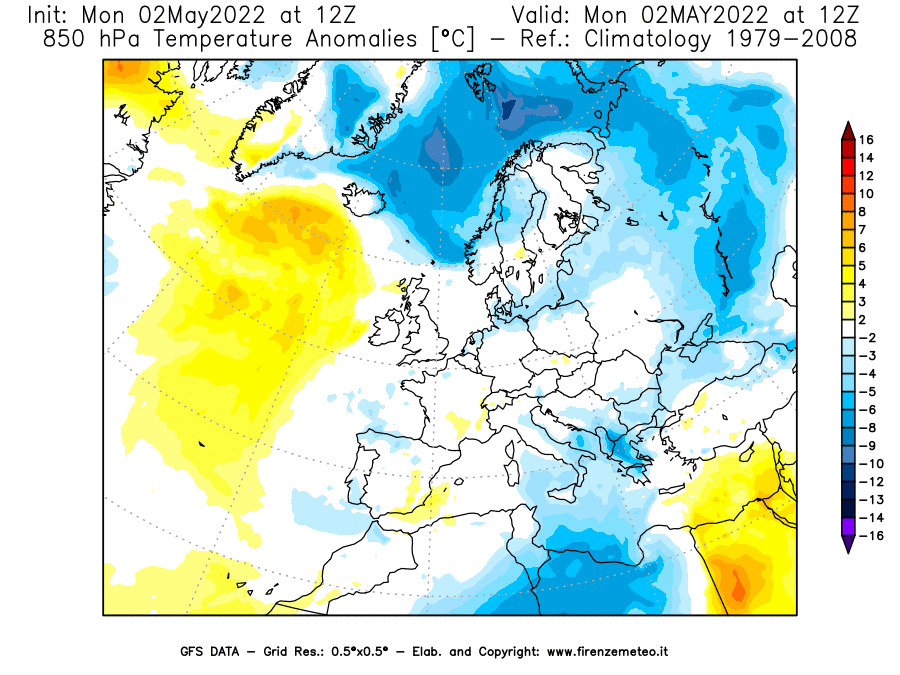 Mappa di analisi GFS - Anomalia Temperatura [°C] a 850 hPa in Europa
									del 02/05/2022 12 <!--googleoff: index-->UTC<!--googleon: index-->