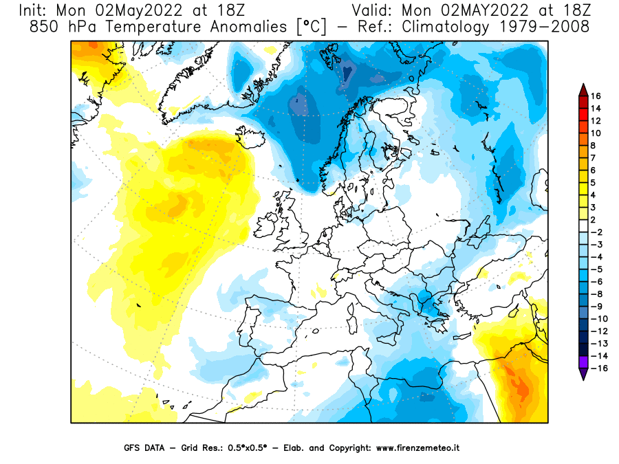 Mappa di analisi GFS - Anomalia Temperatura [°C] a 850 hPa in Europa
									del 02/05/2022 18 <!--googleoff: index-->UTC<!--googleon: index-->