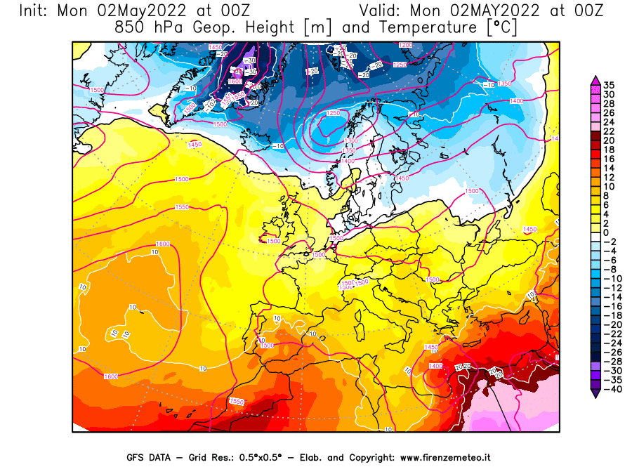 Mappa di analisi GFS - Geopotenziale [m] e Temperatura [°C] a 850 hPa in Europa
									del 02/05/2022 00 <!--googleoff: index-->UTC<!--googleon: index-->