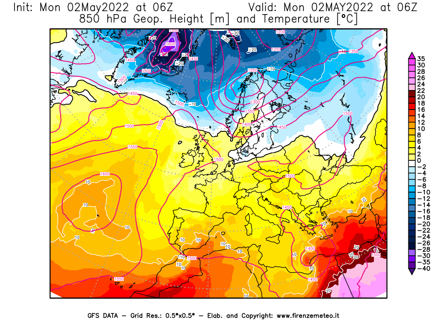 Mappa di analisi GFS - Geopotenziale [m] e Temperatura [°C] a 850 hPa in Europa
									del 02/05/2022 06 <!--googleoff: index-->UTC<!--googleon: index-->