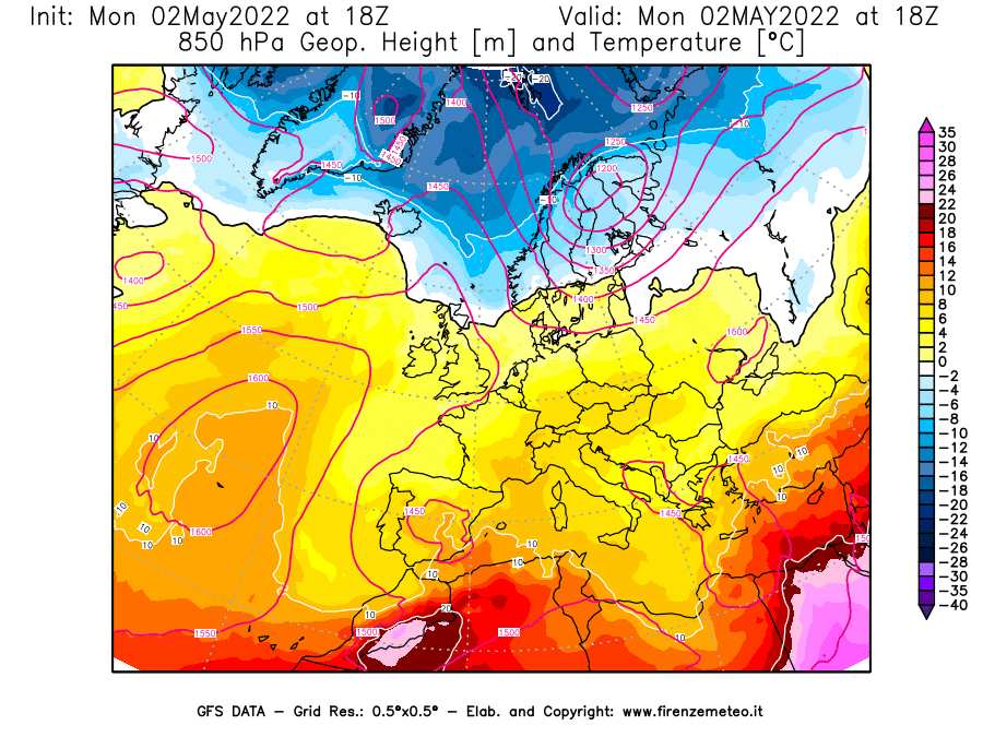 Mappa di analisi GFS - Geopotenziale [m] e Temperatura [°C] a 850 hPa in Europa
									del 02/05/2022 18 <!--googleoff: index-->UTC<!--googleon: index-->