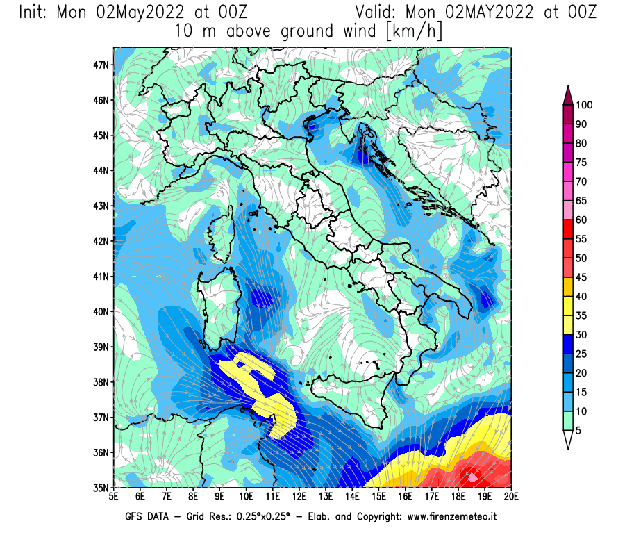 Mappa di analisi GFS - Velocità del vento a 10 metri dal suolo [km/h] in Italia
									del 02/05/2022 00 <!--googleoff: index-->UTC<!--googleon: index-->