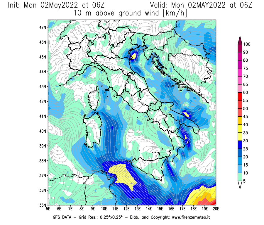 Mappa di analisi GFS - Velocità del vento a 10 metri dal suolo [km/h] in Italia
									del 02/05/2022 06 <!--googleoff: index-->UTC<!--googleon: index-->
