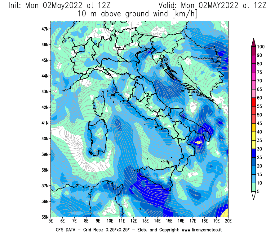 Mappa di analisi GFS - Velocità del vento a 10 metri dal suolo [km/h] in Italia
									del 02/05/2022 12 <!--googleoff: index-->UTC<!--googleon: index-->