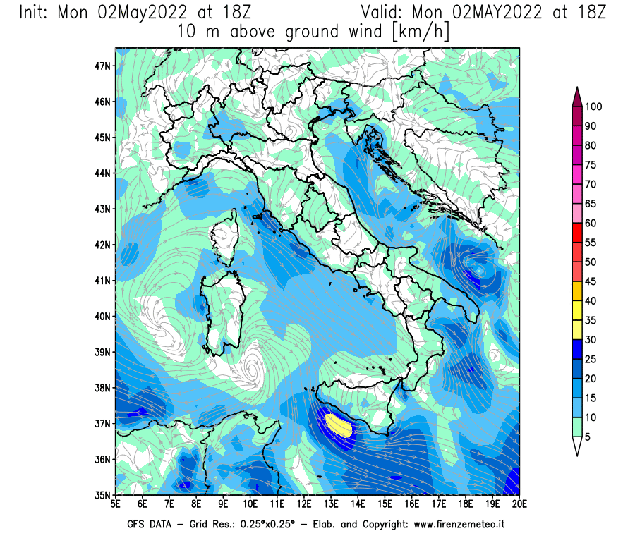 Mappa di analisi GFS - Velocità del vento a 10 metri dal suolo [km/h] in Italia
									del 02/05/2022 18 <!--googleoff: index-->UTC<!--googleon: index-->