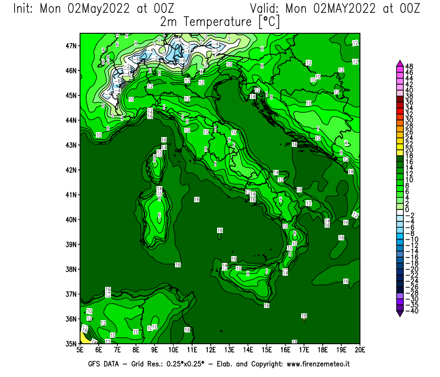 Mappa di analisi GFS - Temperatura a 2 metri dal suolo [°C] in Italia
									del 02/05/2022 00 <!--googleoff: index-->UTC<!--googleon: index-->