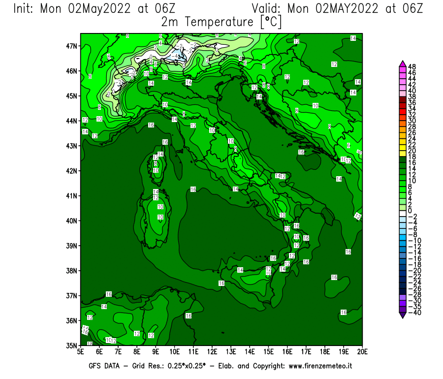 Mappa di analisi GFS - Temperatura a 2 metri dal suolo [°C] in Italia
									del 02/05/2022 06 <!--googleoff: index-->UTC<!--googleon: index-->