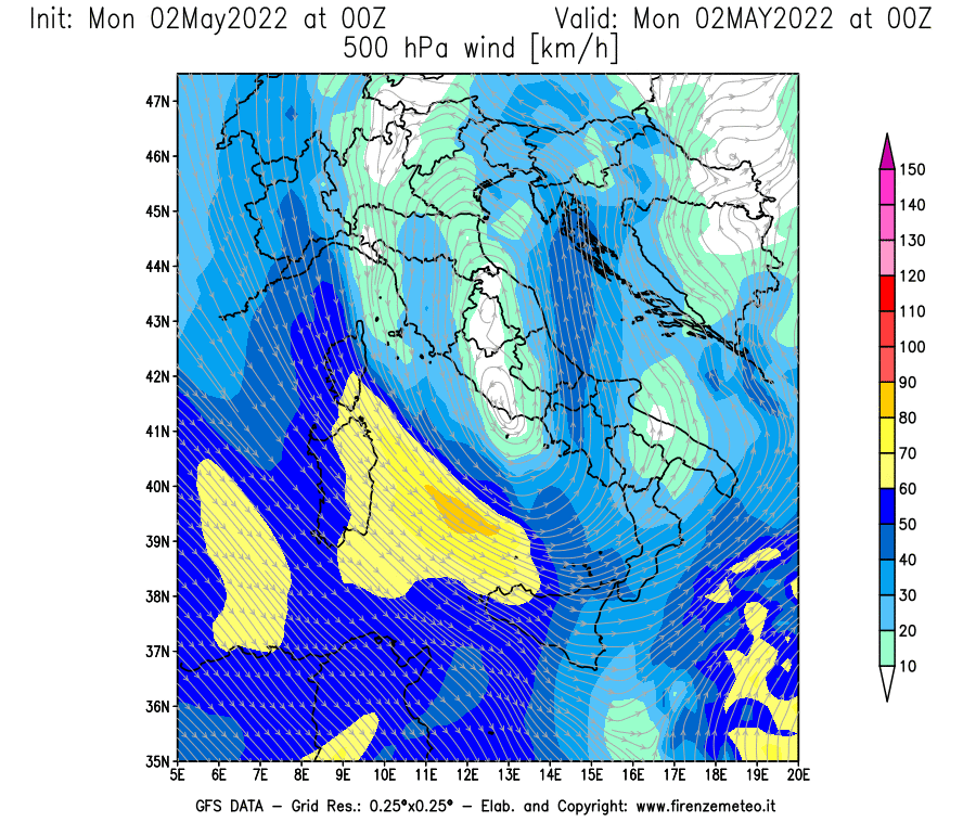 Mappa di analisi GFS - Velocità del vento a 500 hPa [km/h] in Italia
									del 02/05/2022 00 <!--googleoff: index-->UTC<!--googleon: index-->
