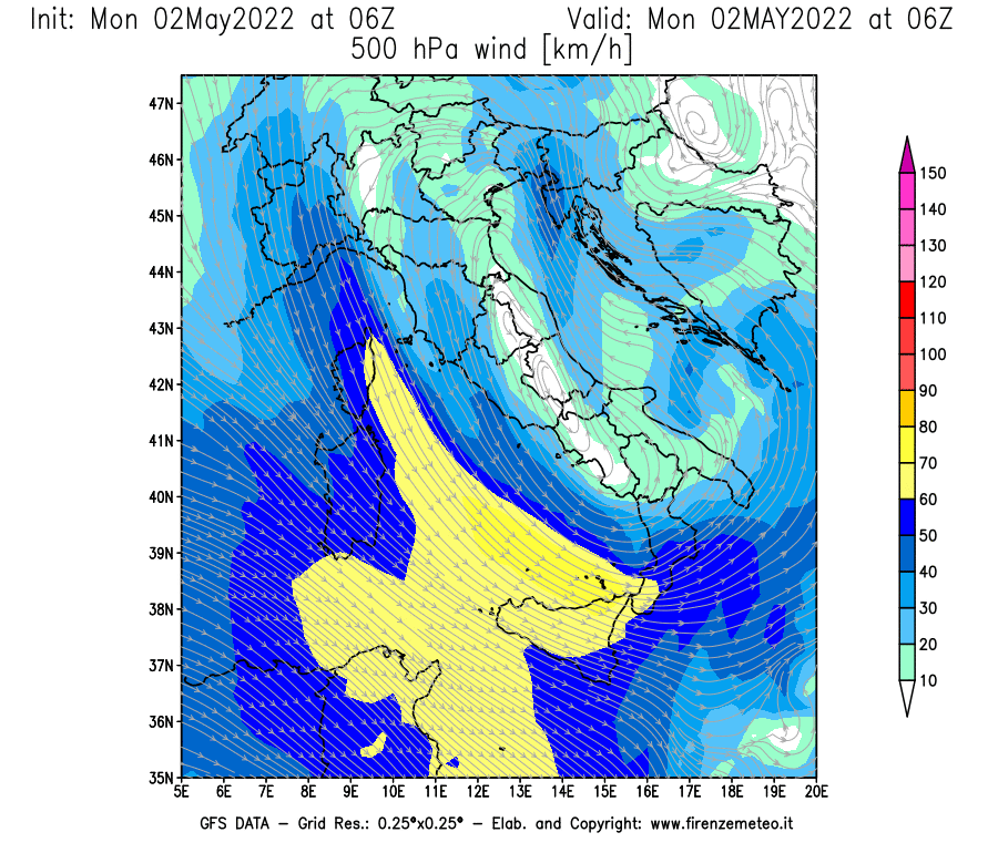 Mappa di analisi GFS - Velocità del vento a 500 hPa [km/h] in Italia
									del 02/05/2022 06 <!--googleoff: index-->UTC<!--googleon: index-->