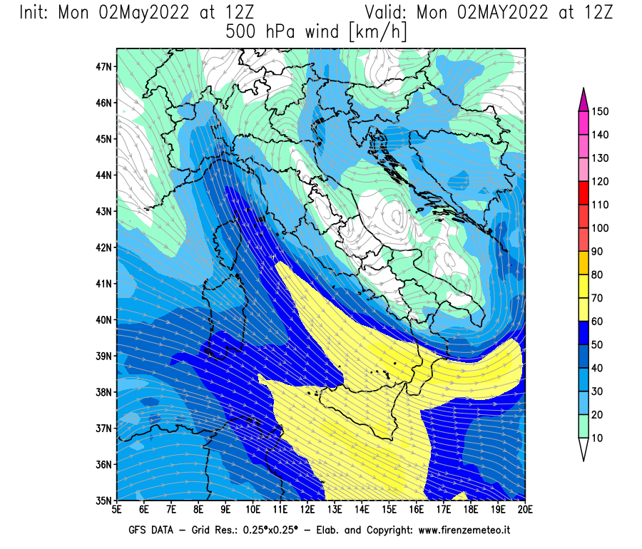 Mappa di analisi GFS - Velocità del vento a 500 hPa [km/h] in Italia
									del 02/05/2022 12 <!--googleoff: index-->UTC<!--googleon: index-->