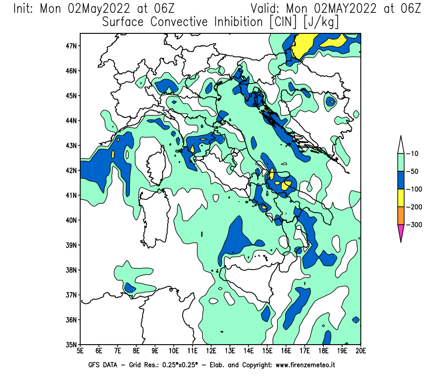 Mappa di analisi GFS - CIN [J/kg] in Italia
									del 02/05/2022 06 <!--googleoff: index-->UTC<!--googleon: index-->