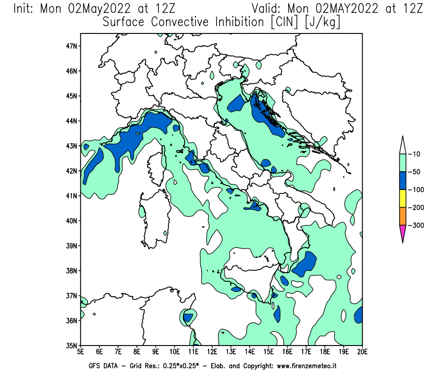 Mappa di analisi GFS - CIN [J/kg] in Italia
									del 02/05/2022 12 <!--googleoff: index-->UTC<!--googleon: index-->