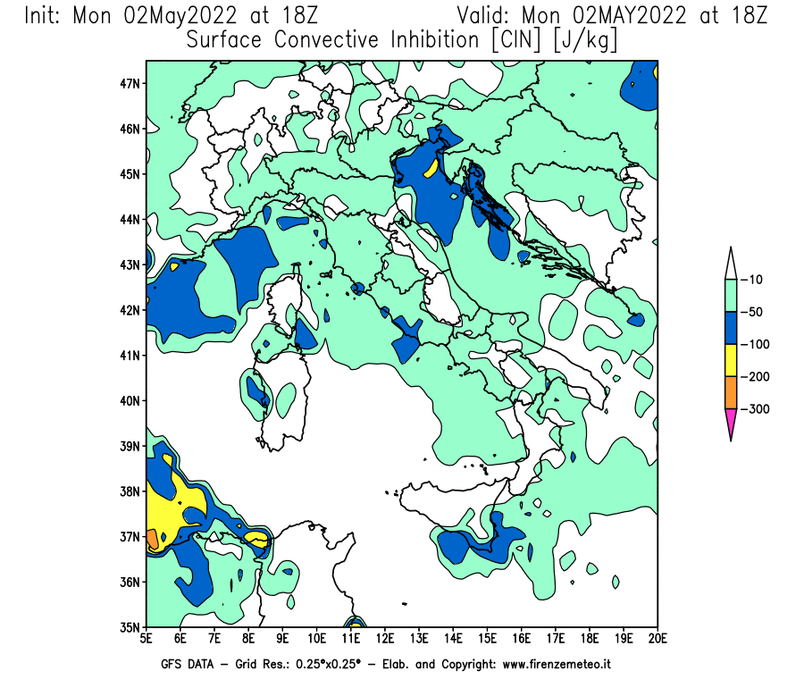 Mappa di analisi GFS - CIN [J/kg] in Italia
									del 02/05/2022 18 <!--googleoff: index-->UTC<!--googleon: index-->