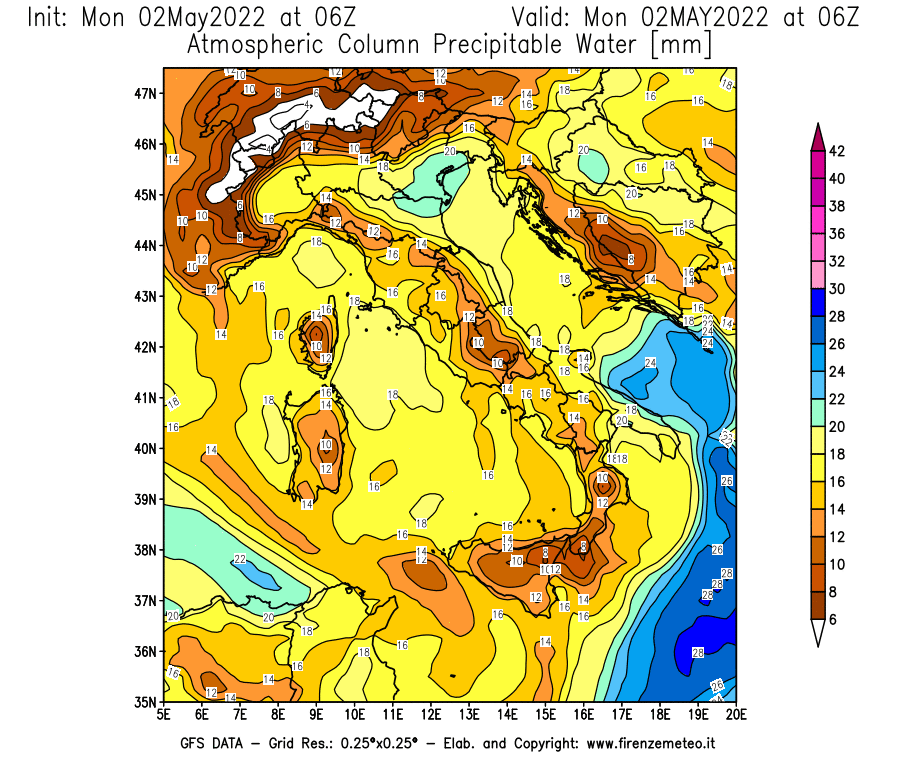 Mappa di analisi GFS - Precipitable Water [mm] in Italia
									del 02/05/2022 06 <!--googleoff: index-->UTC<!--googleon: index-->