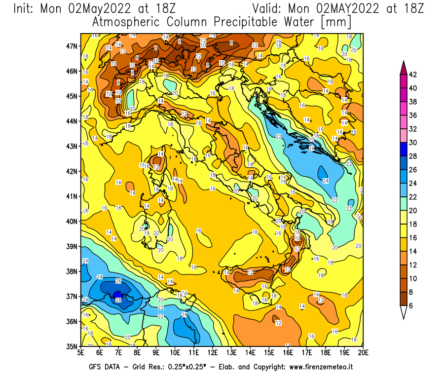 Mappa di analisi GFS - Precipitable Water [mm] in Italia
									del 02/05/2022 18 <!--googleoff: index-->UTC<!--googleon: index-->