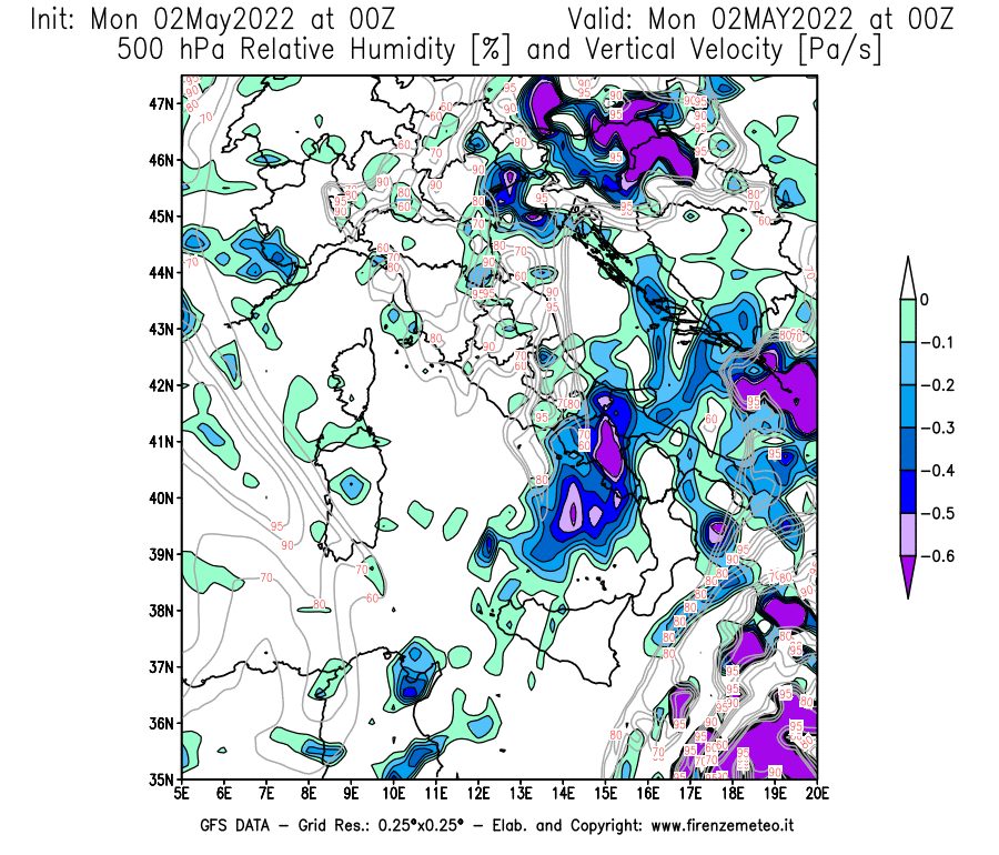Mappa di analisi GFS - Umidità relativa [%] e Omega [Pa/s] a 500 hPa in Italia
									del 02/05/2022 00 <!--googleoff: index-->UTC<!--googleon: index-->