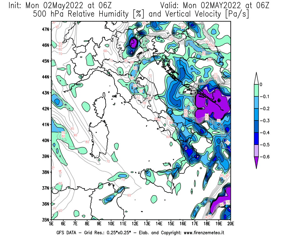 Mappa di analisi GFS - Umidità relativa [%] e Omega [Pa/s] a 500 hPa in Italia
									del 02/05/2022 06 <!--googleoff: index-->UTC<!--googleon: index-->