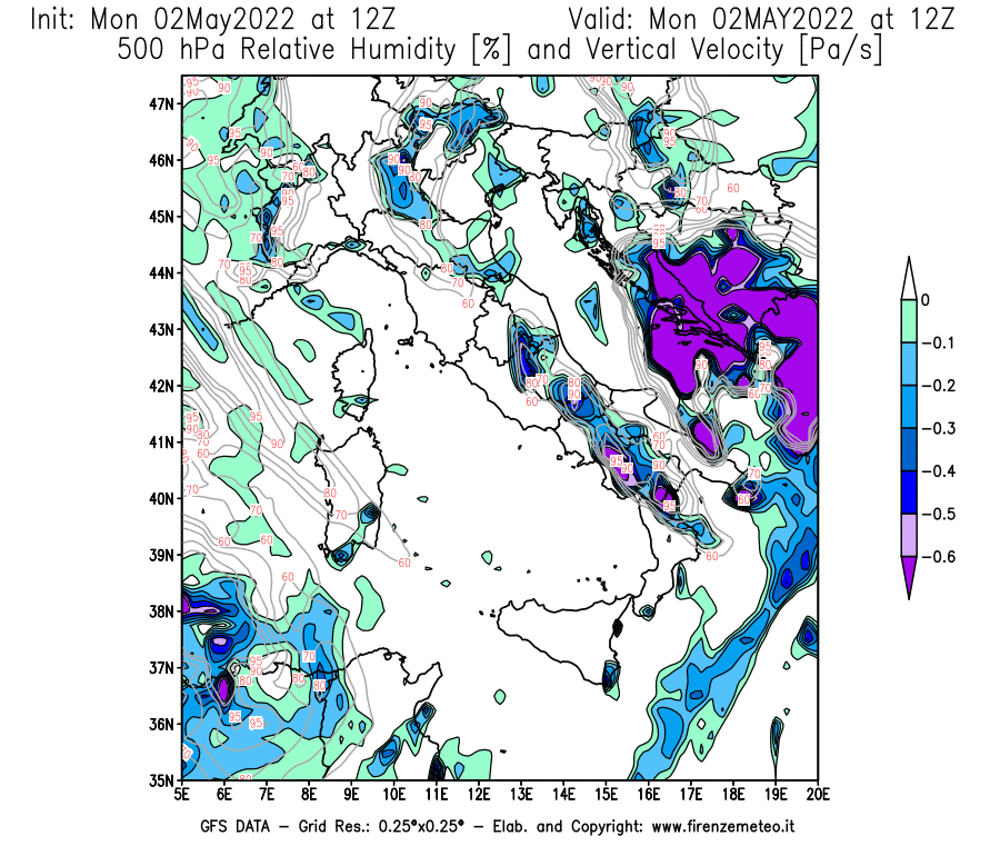 Mappa di analisi GFS - Umidità relativa [%] e Omega [Pa/s] a 500 hPa in Italia
									del 02/05/2022 12 <!--googleoff: index-->UTC<!--googleon: index-->